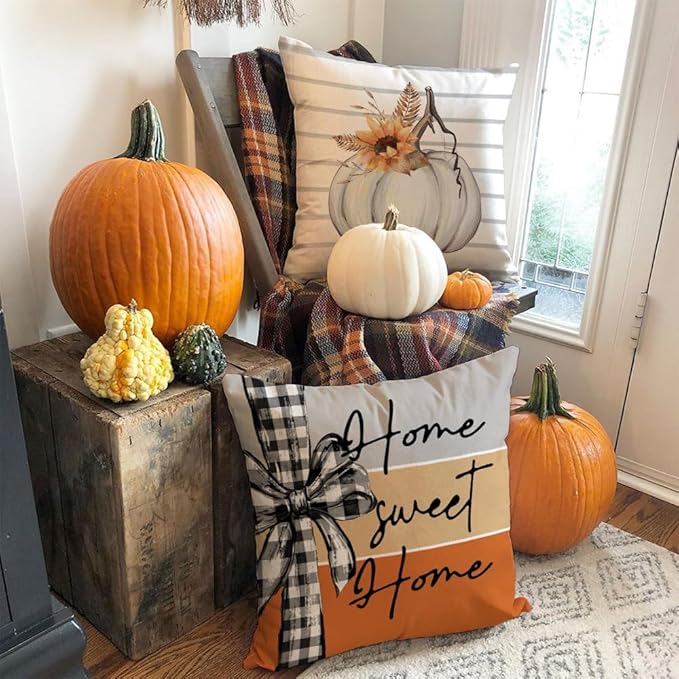 AACORS Fall Pillow Covers 18 x 18 Inch Set of 4, Pumpkin Home Sweet Home Thankful Grateful Blessed Harvest Floral Decorations Autumn Seasonal Pillow Case Decor for Sofa Couch AA557-18