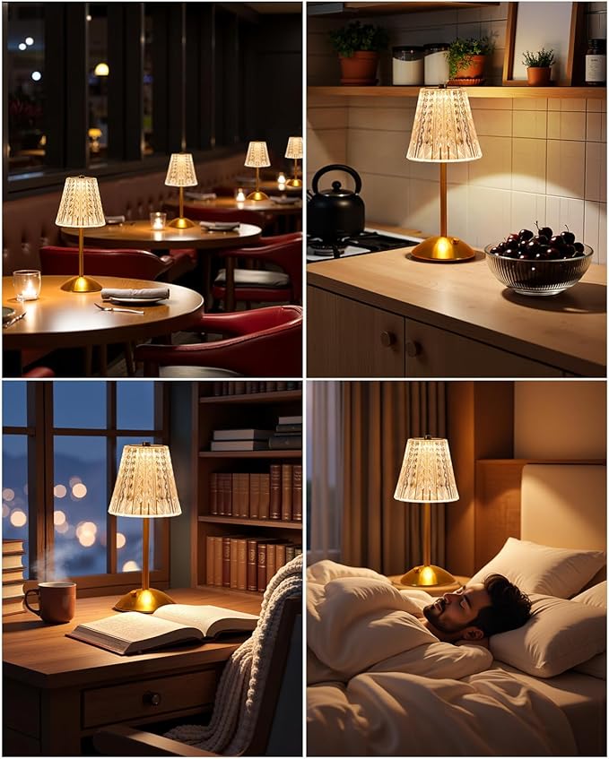 Cordless Touch Table Lamp, 3500mAh LED Rechargeable Small Dask Lamp, 3 Colors Dimmable Battery Operated Crysta Lamp for Bedroom Restaurant Kitchen Home Decor, Gold