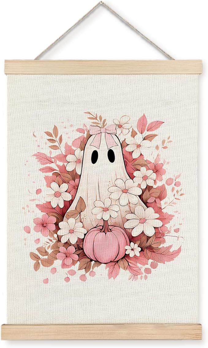 Supwhd Fall Floral Halloween Ghost Wall Art with Wooden Poster Hanger, Pink Bow Ghost Coquette Wall Decor, Coquette Preppy Room Decor, Halloween Pictures Wall Decor, 12x16