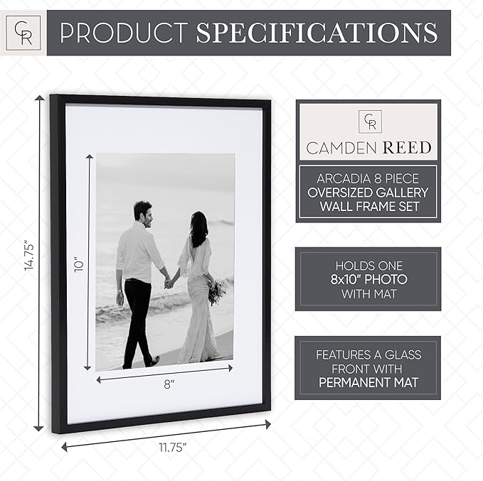 Camden Reed Arcadia 8 Piece Oversized Gallery Wall Frame, 11x14 and 11x11 inch matted frames for featuring 8x10 and 8x8 Inch Photographs or Art Prints, Black Finish