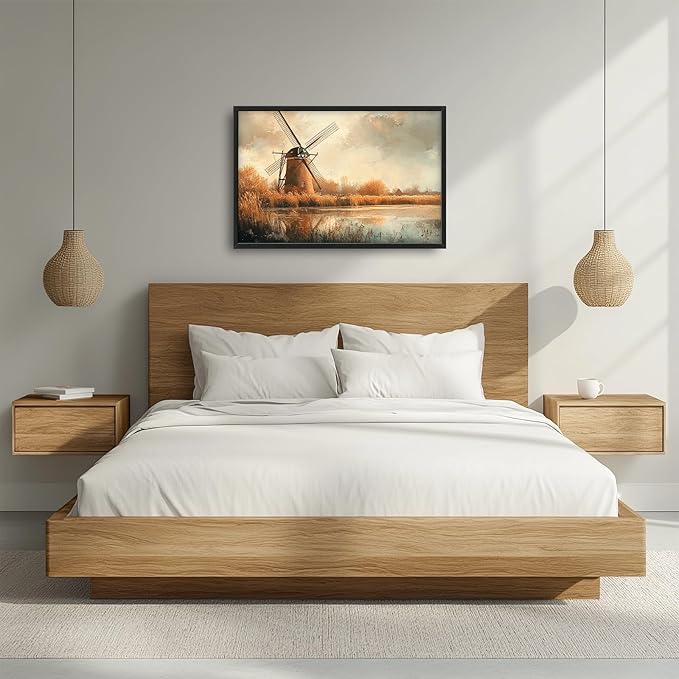 Landscape Framed Wall Art for Living Room, Large Holland Windmill Canvas Wall Decor, Country Farmhouse Pictures Painting, Modern Artwork for Bathroom Bedroom 36L'' × 24W''