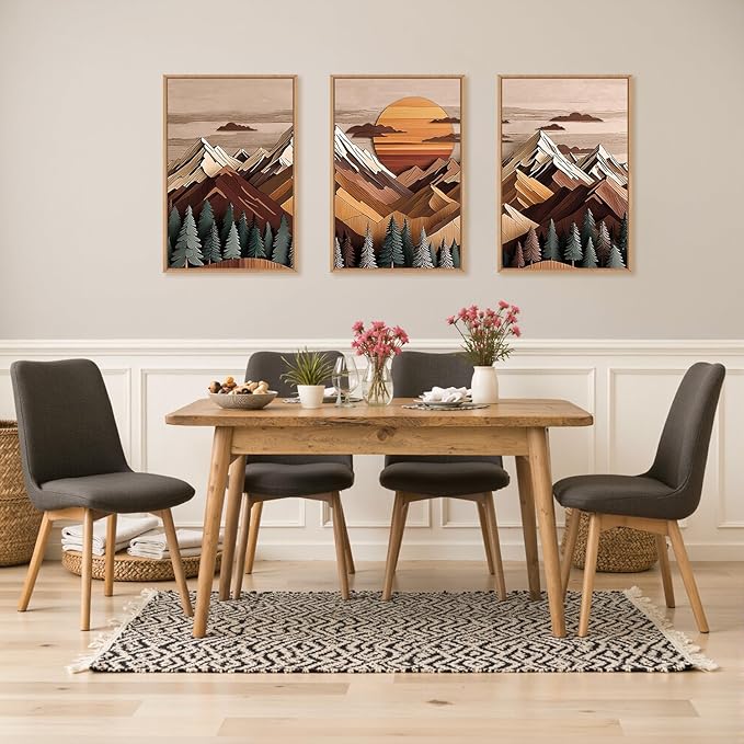 KAIRNE Mountain Framed Canvas Wall Art Set, Mountain Themed Wall Decor, Wooden Pine Tree Scene Wall Painting, Vintage Forest Landscape Art Prints for Living Room, Bedroom, Office 16"x24"x3