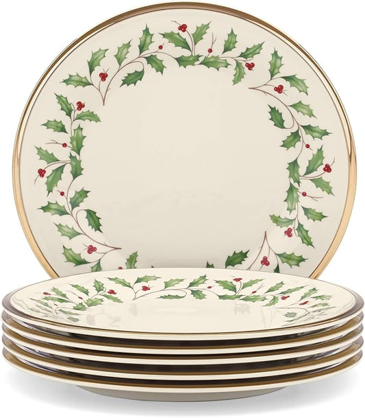 Lenox Holiday 6-Piece Salad Plates Dinnerware Set, Service For 6, Porcelain, Dishwasher Safe, Round Plates Set, Ivory Red & Green, Perfect for Gatherings, Hosting, Christmas Dinnerware (Ivory 6 Piece)
