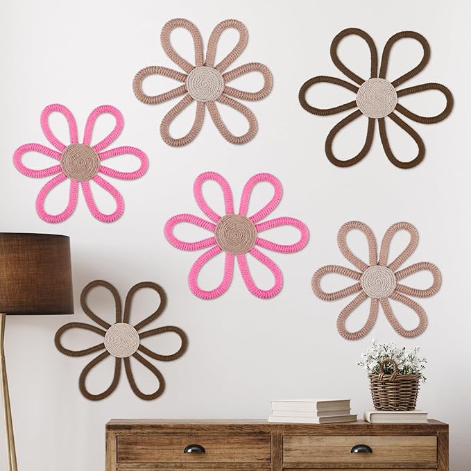 Barydat 6 Pcs Boho Nursery Decor Daisy Flower Woven Macrame Wall Hanging 3 Size Daisy Flower Wall Decor Bohemian Nursery Decorations for Home Dorm Art(Classic Color)