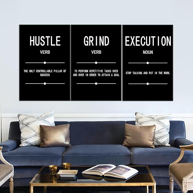Motivational Wall Art Grind Hustle Execution Noun Poster Inspirational Quotes Painting 3 Pieces Canvas Print Office Decor Inspiring Framed for Wall Art Decoration Ready to Hang [72''Wx 36''H]