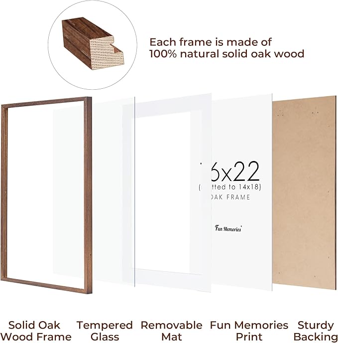 Fun Memories Walnut Solid Oak Wood Frame - 16x22 with Real Glass, Matted to 14x18, Wall Mountable (1 Pack)