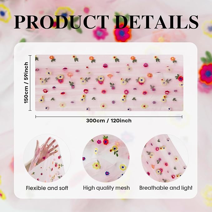 Artoid Mode Pink Embroidery Daisy Gauze Table Runner 120 Inch 10FT, Seasonal Sheer Kitchen Dining Holiday Wedding Birthday Table Decor for Home Party