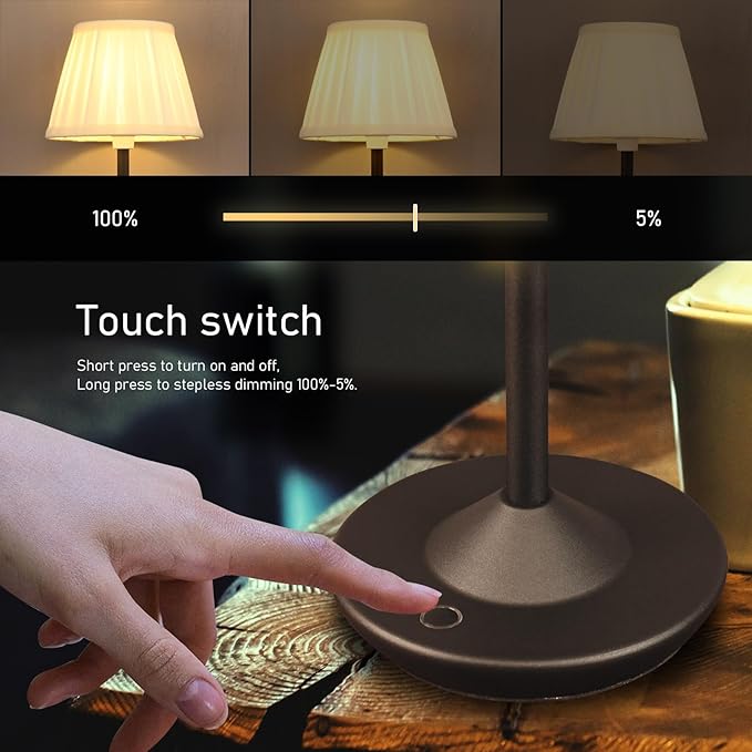 Cordless LED Touch Lamp with Dimmer Portable Small Table Lamp, 18" 2700K Rechargeable Battery Light for Bedside, Dining Room, Bedroom Lamp, Patio, Bar, Night Light, Bathroom (Sand Black)