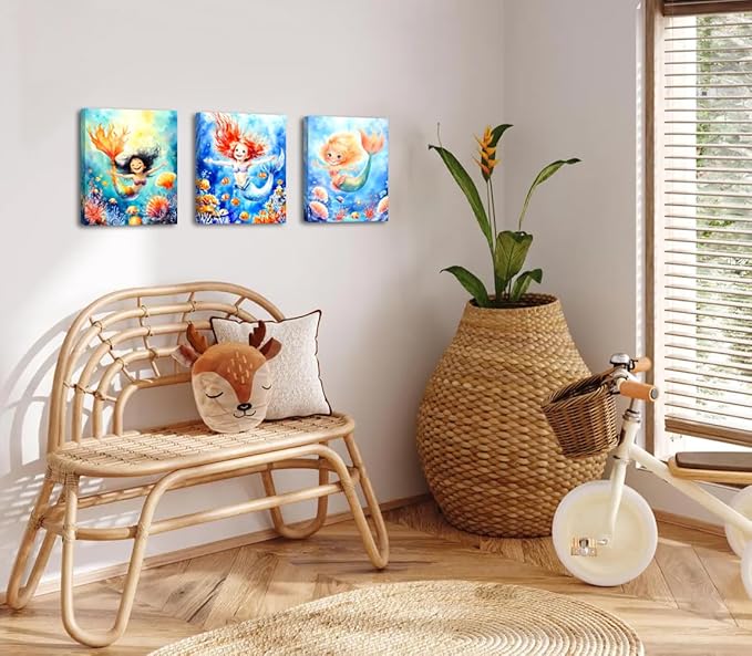 Framed Mermaid Wall Art,Mermaid Nursery Wall Art Prints,Ocean Bathroom Decor Prints,Mermaid Pictures Coral Wall Decor Canvas Prints for Girls Room Wall Decor Set of 4(8"x10")