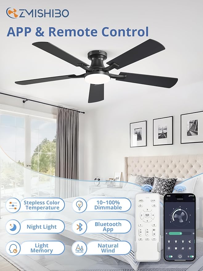 ZMISHIBO 52 Inch Ceiling Fan with Light, App&Remote Control, Flush Mount Low Profile, Dimmable 20W LED Light, Quiet Reversible Motor for Bedroom, Living Room, Apartment, Black