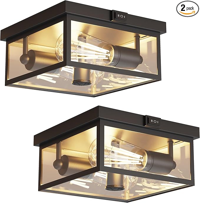 Outdoor Ceiling Light with Motion Sensor, Flush Mount Porch Light, Exterior Light Fixture with Clear Glass, Dusk to Dawn 2-Light Fixture for Patio,Porch (10.5in 2Pack)