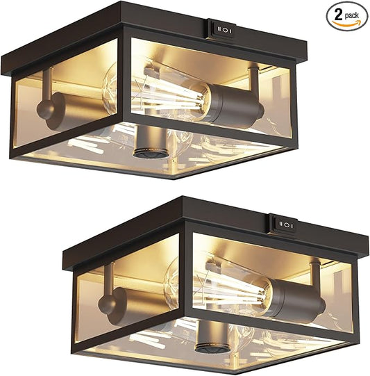 Outdoor Ceiling Light with Motion Sensor, Flush Mount Porch Light, Exterior Light Fixture with Clear Glass, Dusk to Dawn 2-Light Fixture for Patio,Porch (10.5in 2Pack)