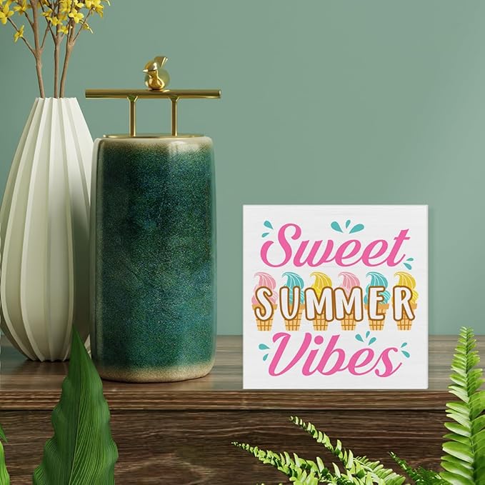 Summer Decor Sweet Summer Vibes Wood Block Sign Home Kitchen Desk Table Shelf Decoration