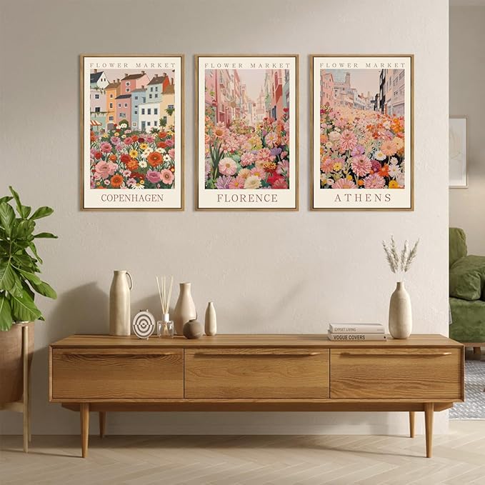 IARTTOP Large Framed Pink Matisse Canvas Wall Art 16x24 Inch Colorful Flower Market Wall Decor Boho Botanical Art Prints for Living Room Bedroom Office Set of 3