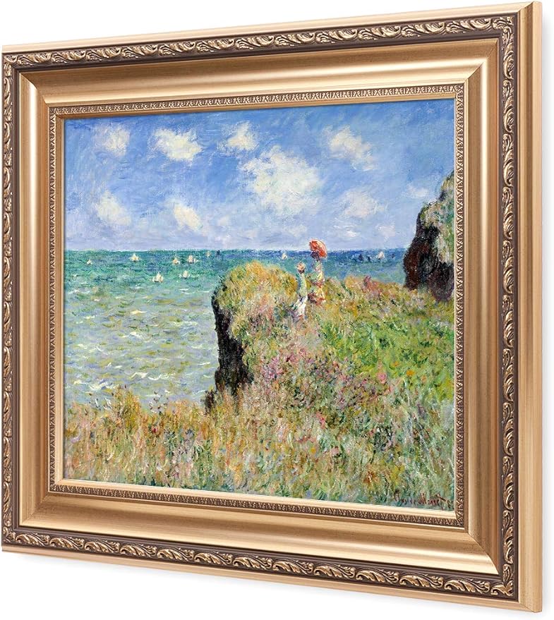 DECORARTS - The Cliff Walk At Pourville by Claude Monet. Classic Art Reproduction, Giclee Print on Canvas. Ready to Hang Framed Wall Art for Wall Decor. Total Size w/Frame: 26x22