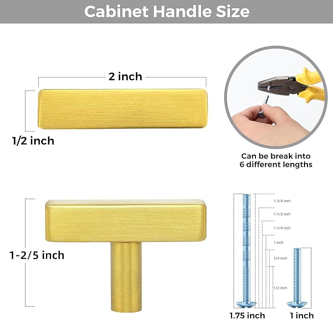 10 Pack Gold Cabinet Knobs - Sqaure Bar Cabinet Pulls Brushed Brass Knobs for Kitchen Cabinet Drawer Stainless Steel Dresser Knobs for Cabinet Hardware 2in Length Single Hole