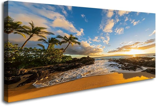 DZL Art S75475 Large Beach wall art Secret Beach at sunset, Maui, Hawaii Canvas Wall Art For Living Room Decoration Nature Picture Canvas Prints Painting for for Office Wall Decor Home Decorations