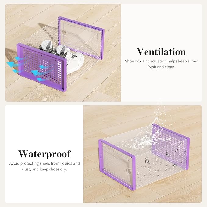 Kuject X-Large Shoe Storage Boxes Organizers Clear Plastic Stackable 12 Pack, Shoe Rack & Holder Substitute, Sneaker Containers, Toy Storage Organizer Bins for Entryway, Closet, Under Bed, Purple