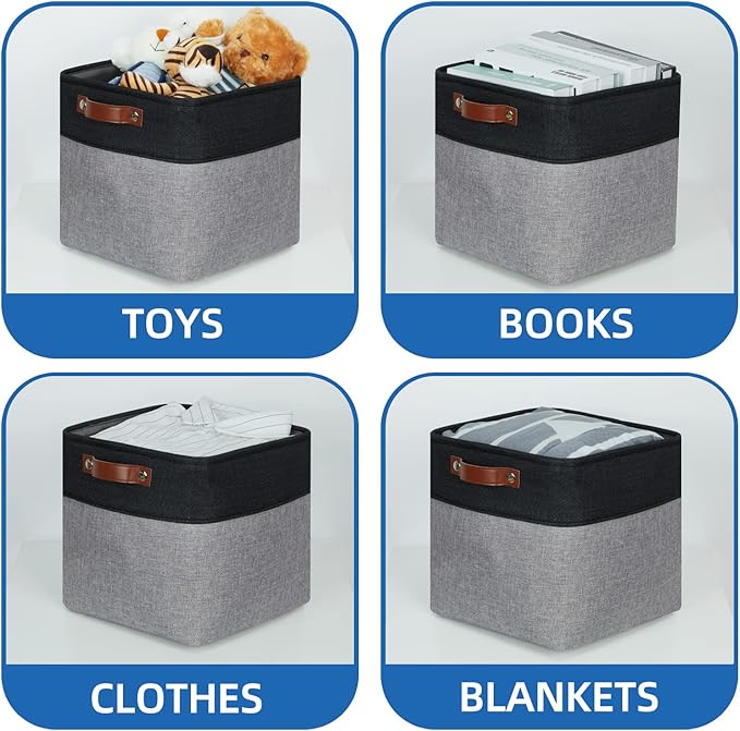 Temary Storage Baskets Fabric Storage Cubes 4 Pack Basket for Organizing, Collapsible Cloth Baskets with Handles for Shelves, Closet (Black&Gray)