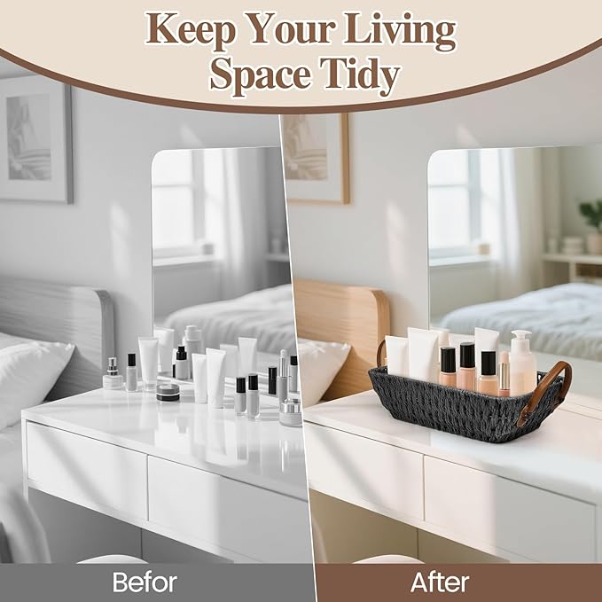 Paper Rope Woven Toilet Paper Basket, Small Wicker Storage Baskets for Organizing with Handles, Bedroom Decor Baskets Toilet Tank Shelf Storage Bins (Set of 2, Black)