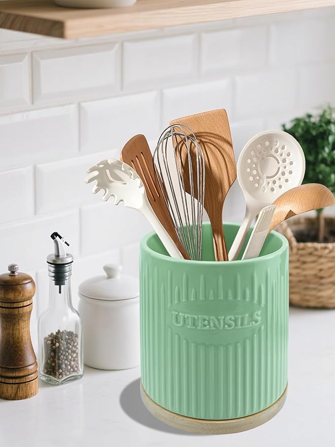 360° Rotating Utensil Holder, 7.6" Large Ceramic Kitchen Utensil Holder for Countertop with Bamboo Base, Stable Utensil Organizer, Farmhouse kitchen Decor, Green