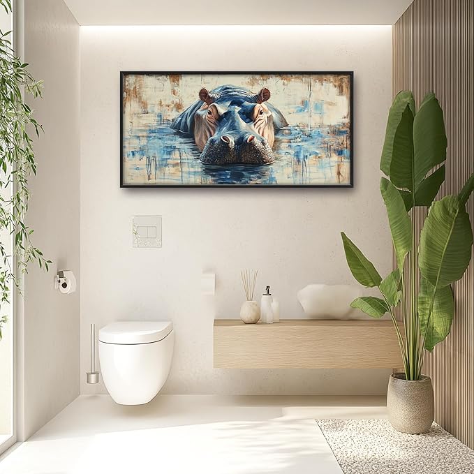 Extra Large Framed Abstract Hippo Wall Art,Oversized African Hippopotamus Wild Animal Wall Decor,Vintage Pictures for Living Room,Canvas Print Painting Modern Artwork Bedroom Office Bathroom 60L x30W