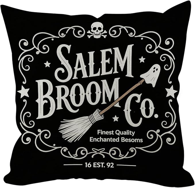 Halloween Pillow Covers 16x16 inch Set of 4, Linen Outdoor Cute Ghost Vintage Hocus Pocus Saying Farmhouse Party Supplies Black and White Decorations for Sofa Couch
