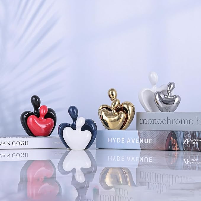 White and Silver Mini Ceramic Couple Sculpture, Romantic Love Decorative Statue, Couple, Silver Home Decor, Suitable for Dresser, Bookshelf, Office, Coffee Table Desktop Decoration.
