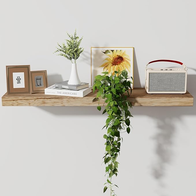 Axeman Floating Shelves, 8 Inch Deep Modern Solid Wood Wall Shelves for Storage, Wall Mounted Display Shelving with Invisible Heavy-Duty Metal Bracket, 36" W x 8" D x 1.6" H, Light Carbonized