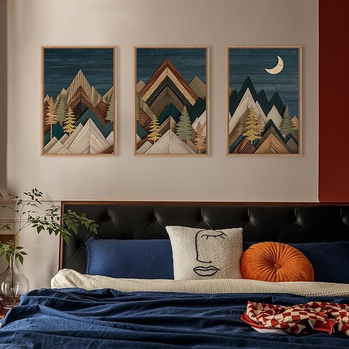 HPINUB Mountain Woodcut Style Framed Canvas Wall Art Set,Vintage Pine Tree Wall Decor, Nature Country Wilderness Forest Artwork,Modern Navy Blue Art Prints for Living Room,Bedroom,Farmhouse-16 x24 x3