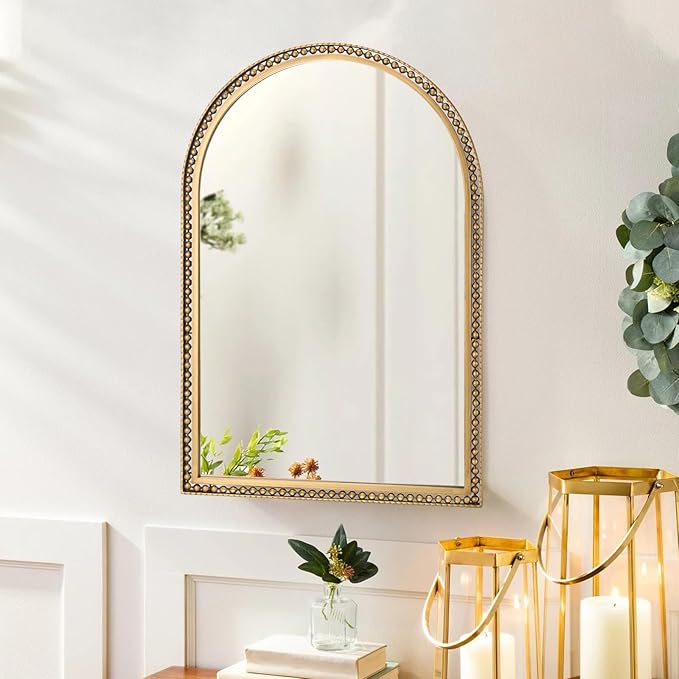 24" x 36" Arch Wall Mirror, Antique Gold Metal Beaded Frame Bathroom Mirror, Vintage Classic Distressed Hanging Mirror for Vanity Mantel Entryway Living Room