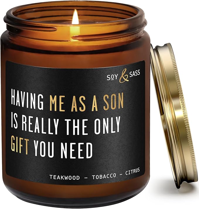 Mothers Day Gifts for Mom, Mom Gifts From Son - 'Having me as a Son' Soy Candle, w/Mahogany Teakwood I Mom Birthday Gifts from Son Ideas I 50Hr Burn, USA Made