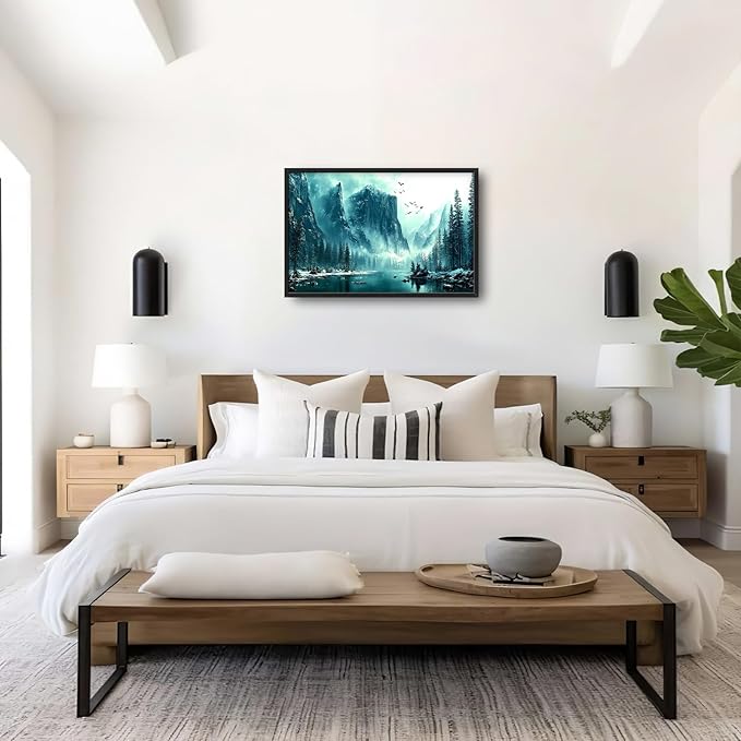 Framed Large Wall Art for Living Room, Mountain Lake Canvas Wall Decor, Forest Tree Pictures Painting, Modern Landscape Artwork for Bedroom Office 36L'' × 24W''