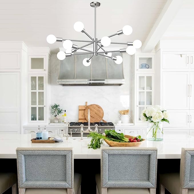 33" Modern Chandelier Ceiling Light Fixture, 12-Light Sputnik Chandeliers Brushed Nickel Mid Century Chandelier Over Table, Height Adjustable Chandeliers for Dining Room Living Room Kitchen Island