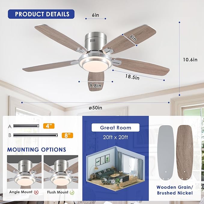 Low Profile Ceiling Fan with Lights and Remote/APP, 50 Inch Modern Flush Mount Ceiling Fan with 3CCT 6-Speeds Quiet DC Motor,Dimmable 3-Color Temperatures for Living Room Bedroom(Nickel)