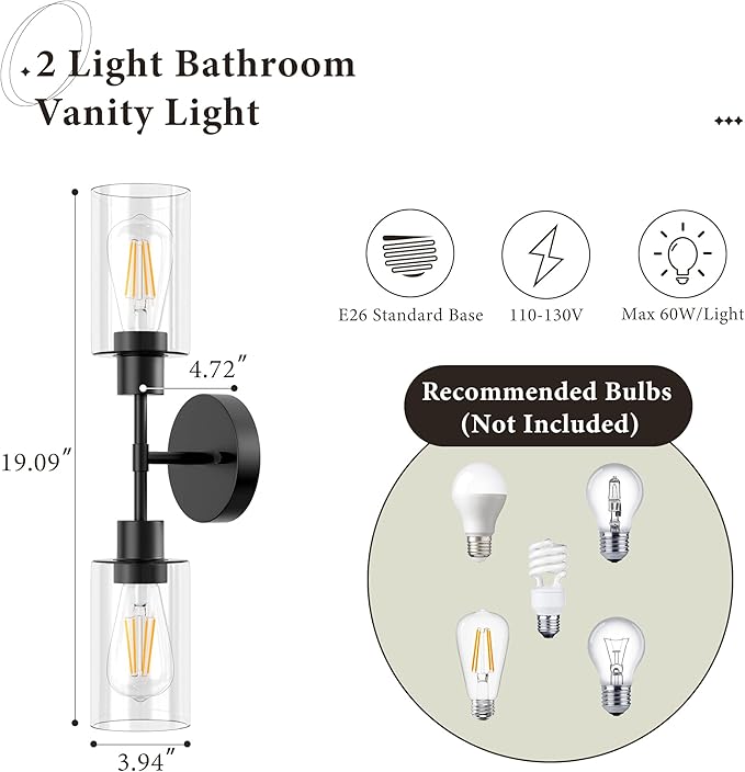Espird Bathroom Light Fixtures 2 Light Black, Bathroom Vanity Lights Over Mirror, Bathroom Sconces Wall Lighting，Farmhouse Matte Black Bathroom Vanity Light, Modern Vanity Lights with Clear Shades