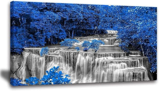 Yxbhhym Large Waterfall Wall Art - Black and White Decor, Blue Trees Scenery Canvas Prints - Landscape Wall Decor, Forest Paintings for Bedroom and Living Room - Framed - 24x48inch