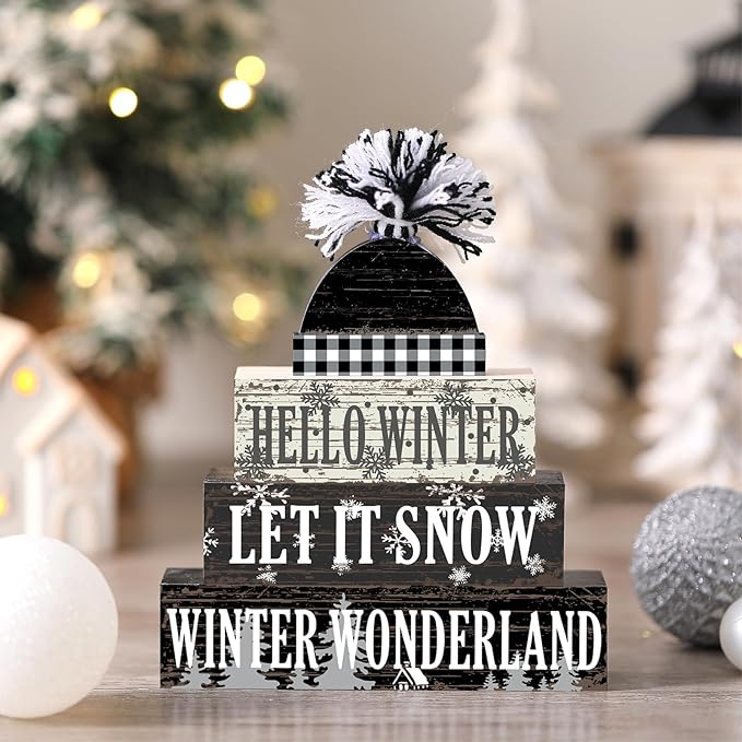 Geelin 4 Pcs Hello Winter Wooden Farmhouse Decor Let It Snow Wooden Centerpiece for Tiered Trays Rustic Kitchen Shelf Table Decor Winter Wonderland Party Home Decoration