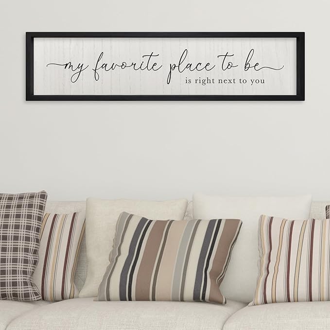 Love Quotes Wall Decor My Favorite Place To Be Sign 32"×8" Couples Love Theme Plaque Modren Farmhouse Master Bedroom Above Over Bed Wood Framed Wall Art (Black)
