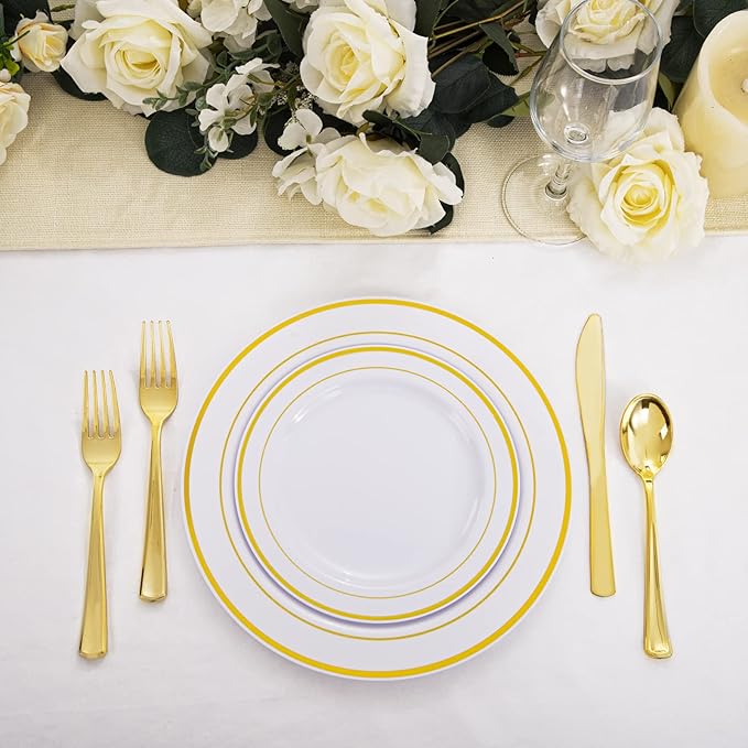 WDF-125 PCS Gold Plastic Plates - White And Gold Plastic Plates Include 25 Dinner Plate, 25 Salad Plate, 25 Forks, 25 Knives, 25 Spoons for Parties/wedding