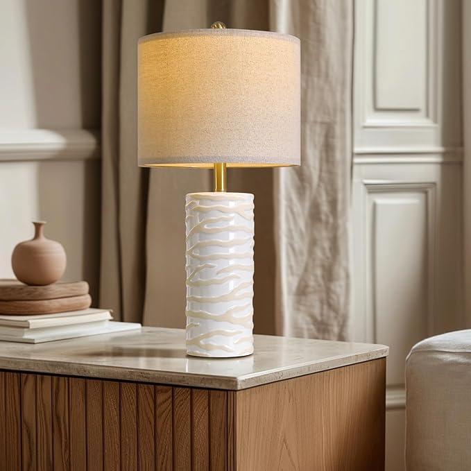 PoKat 26.75" Ceramic Table Lamp, Modern White Lamp for Living Room, Bedroom, Night Stands, Farmhouse Bedside Nightstand End Table Lamp