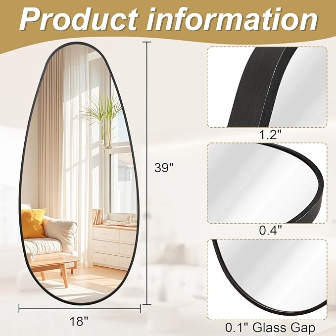 JJUUYOU Irregular Wall Mirror Black Metal Framed Decorative Asymmetrical Bathroom Mirrors Large 39" X 18" for Living Room Bedroom Entryway Hanging Home Decor