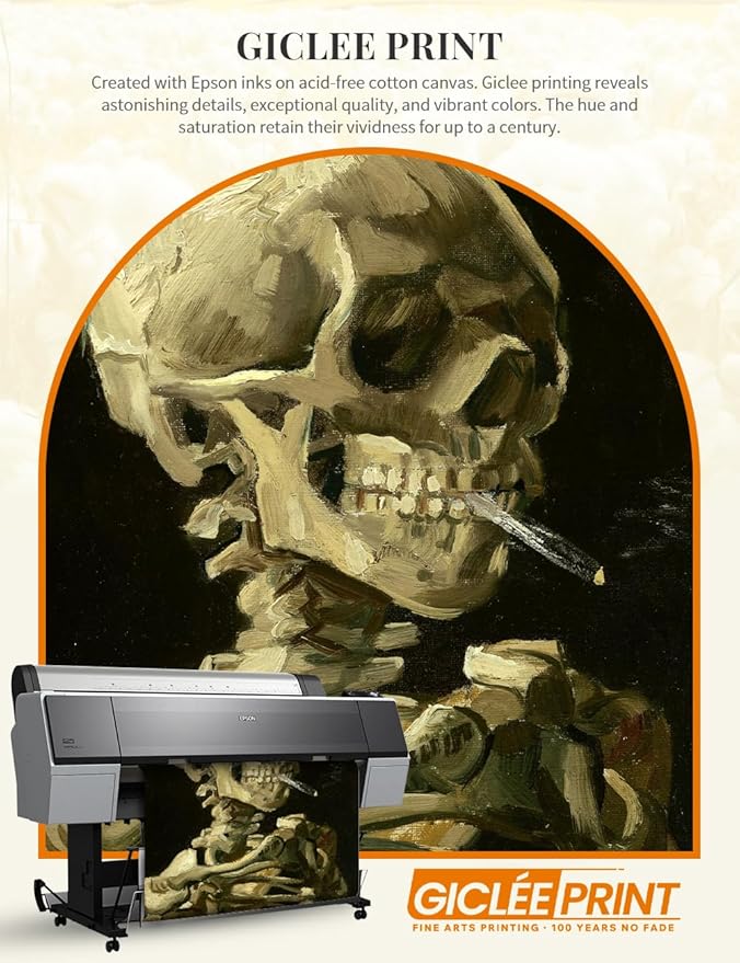 DECORARTS - Vincent van Gogh's Skull with Burning Cigarette, Museum-Quality Giclee Canvas Print in Gold Solid Wood Frame, 34.75 x 28.75 in, Ready to Hang, Made in USA