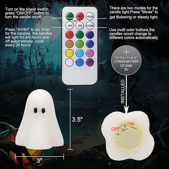 Eldnacele Ghost Flamless Flickering Candles with 18-key Remote and Timer, 12 Color Changing Battery Operated Spooky Candles Real Wax Small Ghost Lights LED Candle Fireplace Halloween Indoor Decor Gift