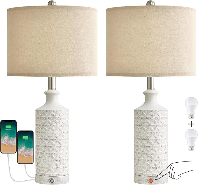 PoKat 24" Farmhouse Table lamp for Nightstands Set of 2 for Living Room, White Bedroom Bedside Lamp for Living Room, Ceramic Bedside Nightstand End Table Lamps, White
