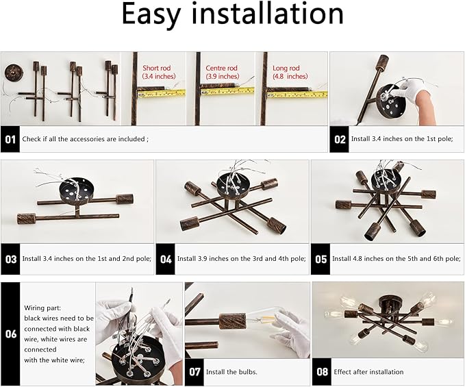 ASGYISA 6-Lights Semi Flush Mount Ceiling Light Fixture Vintage Modern Bronze Matte Sputnik Chandelier Farmhouse Ceiling Lamp for Kitchen Bedroom Dining Room Living Room Entryway.