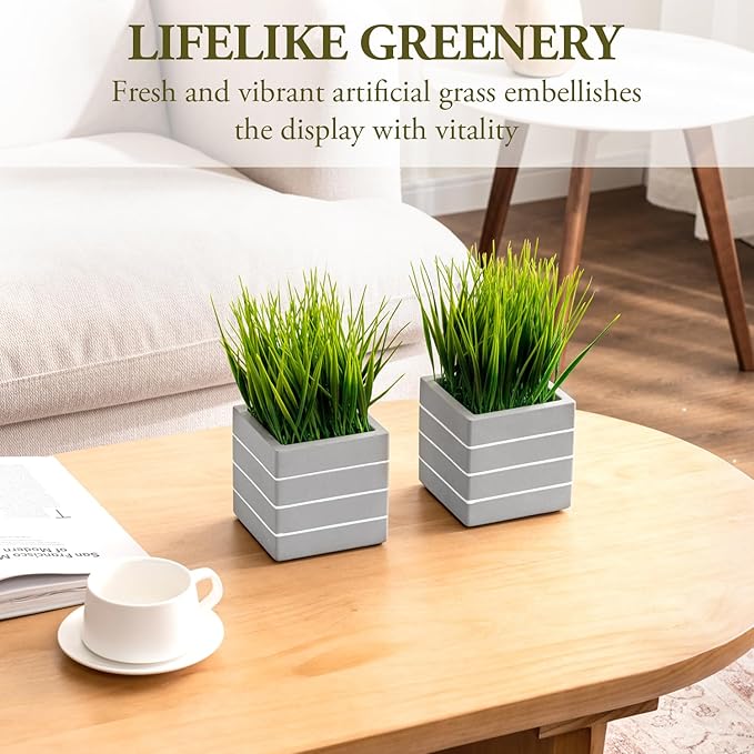 MyGift 9 Inch Tall Mini Artificial Green Grass Plants in Ribbed Gray Concrete Cube Planters, Tabletop Faux Greenery Square Cement Pots Centerpiece Décor, Set of 2
