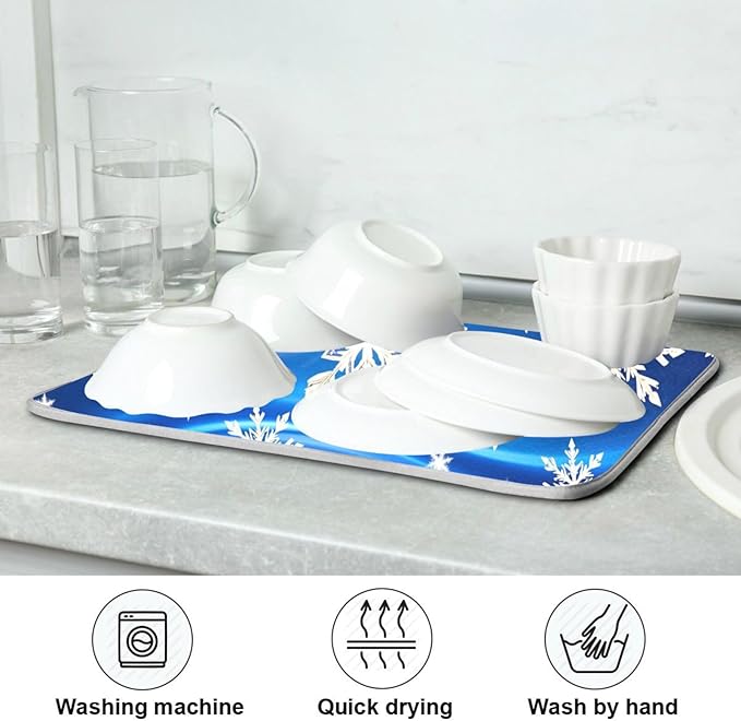 Christmas Blue Snowflakes Dish Drying Mat for Kitchen Counter 16 x 18 Snow Flakes Microfiber Dry Dishes Mats Drainer Mat Dish Drying Pad for Countertops