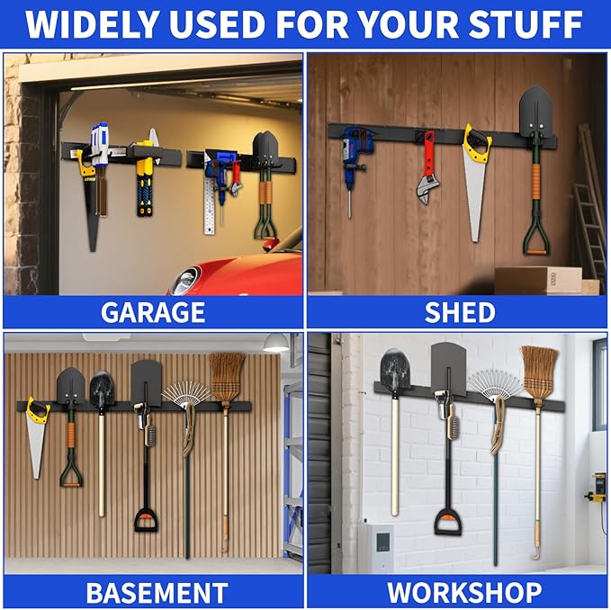 Garden Tool Organizer Wall Mount, 48inch Heavy Duty Garden Tool organizer Storage System, Easy Install With 7 Adjustable Hooks, For Garage, Basement, Shed, Workshop(Black)