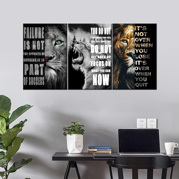 leopard Lion Canvas Wall Art Inspirational Quotes Poster and Print Inspiring 3 Panel Motivational Animal Picture Artwork for Living Room Bedroom Office Home Decor Framed Ready to Hang [48''Wx 24''H]
